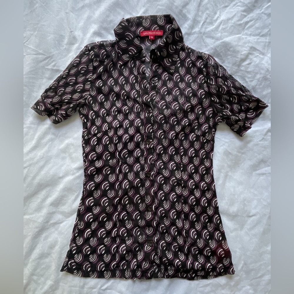 Y2K Fitted Black and Purple Patterned Mesh Short Sleeve Collar Shirt